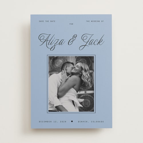 This is a sky save the date with standard by Blustery August called cheers printing on recycled smooth signature in standard