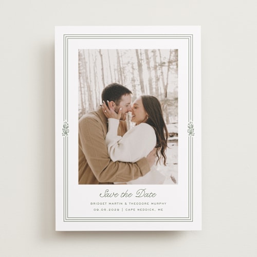 This is a leaf save the date with standard by Kate Ahn called court printing on recycled smooth signature in standard