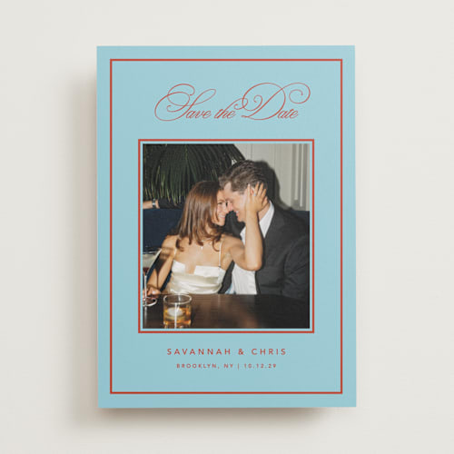 This is a sky save the date with standard by Kelly Watkins called vivid printing on recycled smooth signature in standard