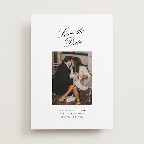 This is a pearl save the date with standard by Olivia Kanaley Inman called hayworth printing on recycled smooth signature in standard