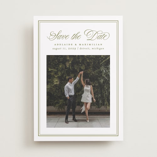 This is a olive save the date with standard by Ellen Schlegelmilch called museo printing on recycled smooth signature in standard