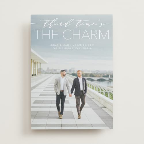 This is a linen save the date with standard by Erin Deegan called mixed type printing on recycled smooth signature in standard