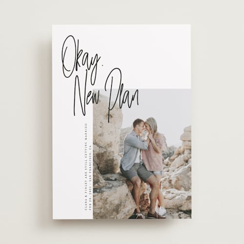 This is a jet black save the date with standard by Maria Hilas-Louie called okay, new plan printing on recycled smooth signature in standard