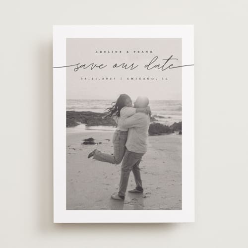 This is a tuxedo save the date with standard by Pixel and Hank called simple details printing on recycled smooth signature in 5x7