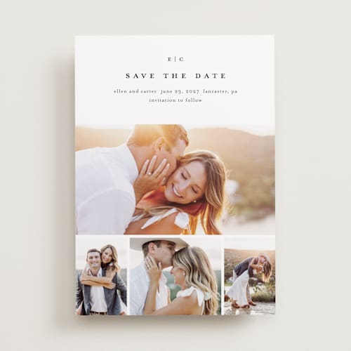This is a cotton save the date with standard by Stacey Meacham called minimal grid printing on recycled smooth signature in standard