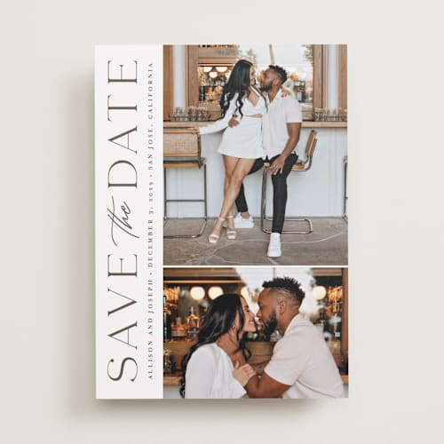 This is a taupe save the date with standard by Kristen Smith called atlas printing on recycled smooth signature in standard