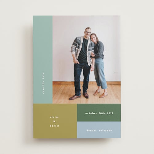 This is a fern save the date with standard by Kelly Watkins called color cubes printing on recycled smooth signature in standard