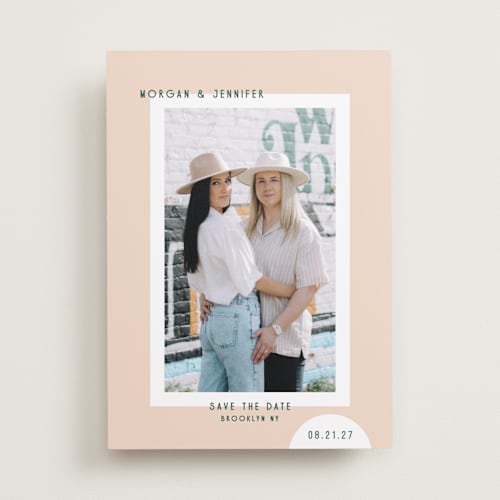 This is a melon save the date with standard by Kelly Watkins called minimal modern printing on recycled smooth signature in standard