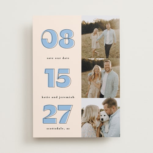 This is a dusty blue save the date with standard by Leah Ragain called outlined date printing on recycled smooth signature in standard