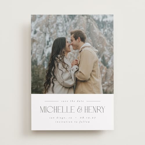 This is a graphite save the date with standard by Darryl Don Doctor called summit printing on recycled smooth signature in standard