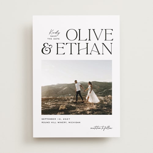 This is a pearl save the date with standard by Owl and Toad called casual printing on recycled smooth signature in standard