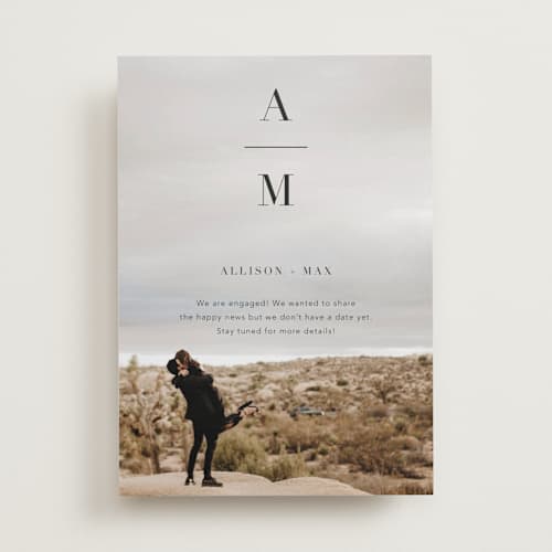 This is a night save the date with standard by Ashley Lopez called stacked initials printing on recycled smooth signature in standard