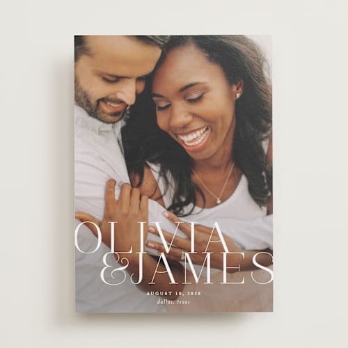 This is a pearl save the date with standard by Lauren Chism called this couple printing on recycled smooth signature in standard