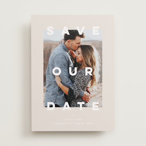 This is a forest mist save the date with standard by Blustery August called modern billboard printing on recycled smooth signature in standard