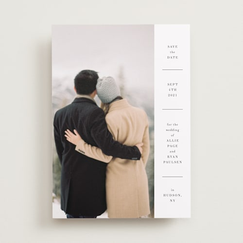 This is a snow save the date with standard by Megan Davis called hudson printing on recycled smooth signature in standard