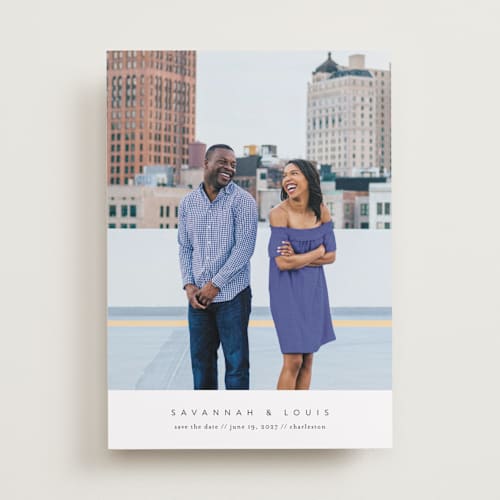 This is a onyx save the date with standard by Jennifer Postorino called atmospheric printing on recycled smooth signature in standard
