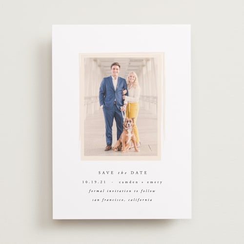 This is a blush save the date with standard by Carly Reed Walker called display printing on recycled smooth signature in standard