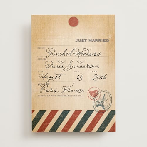 This is a post office wedding announcements with standard by Dawn Jasper called vintage pack your bags printing on signature in standard