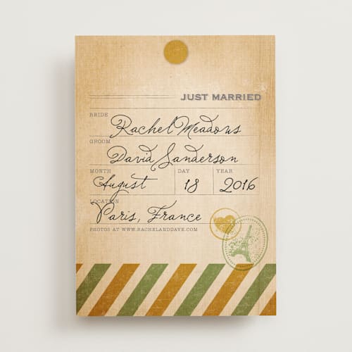 This is a rustic mint wedding announcements with standard by Dawn Jasper called vintage pack your bags printing on signature in standard