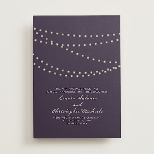 This is a deep eggplant wedding announcements with standard by Design Lotus called midnight vineyard printing on signature in standard