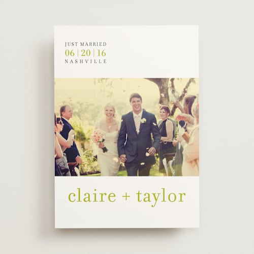 This is a celery wedding announcements with standard by Float Paperie called float + celebrate printing on signature in standard