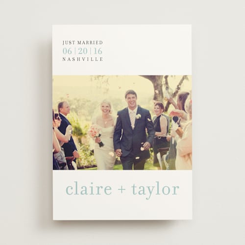 This is a robin's egg blue wedding announcements with standard by Float Paperie called float + celebrate printing on signature in standard