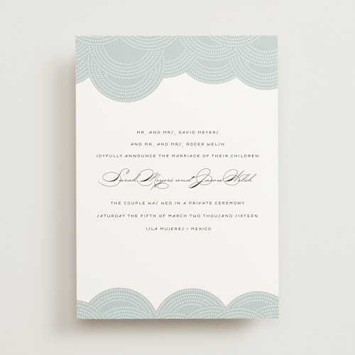 This is a blue cloud wedding announcements with standard by Annie Clark called pearls on a string printing on signature in standard