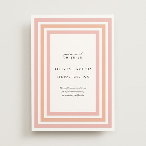 This is a peach coral wedding announcements with standard by Float Paperie called float + sweetie stripe printing on signature in standard