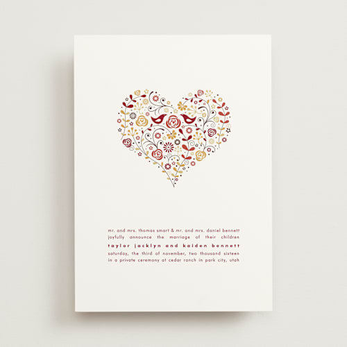 This is a burgundy wedding announcements with standard by Jana Volfova called love birds printing on signature in standard