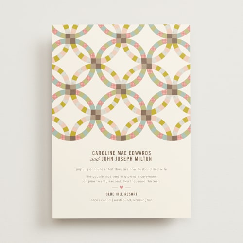 This is a sherbert wedding announcements with standard by Laura Hankins called quilted printing on signature in standard