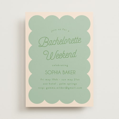 This is a seafoam bachelorette party invitations with standard by Morgan Kendall called scallop printing on signature in standard