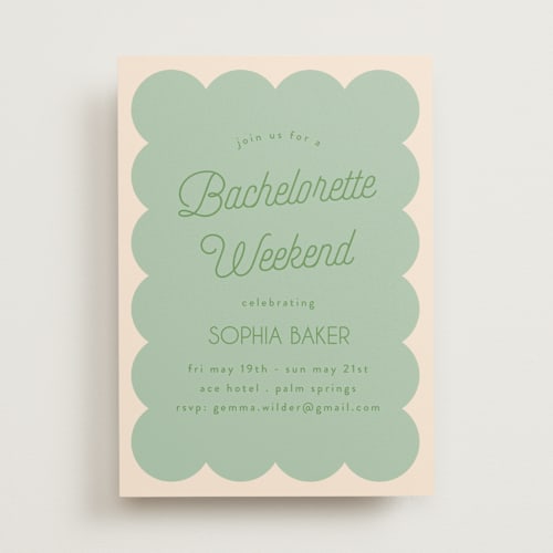This is a seafoam bachelorette party invitations with standard by Morgan Kendall called scallop printing on signature in standard