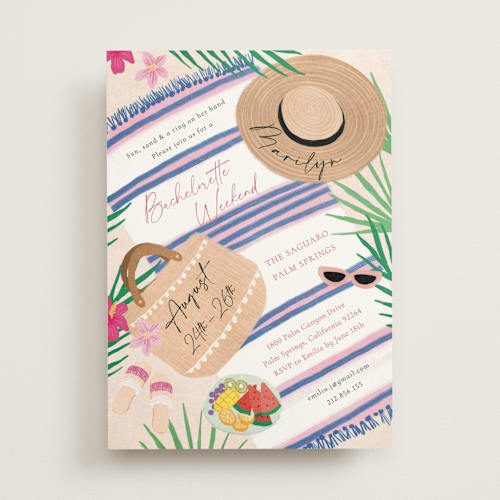 This is a summer bachelorette party invitations with standard by Elly called beach please printing on signature in standard
