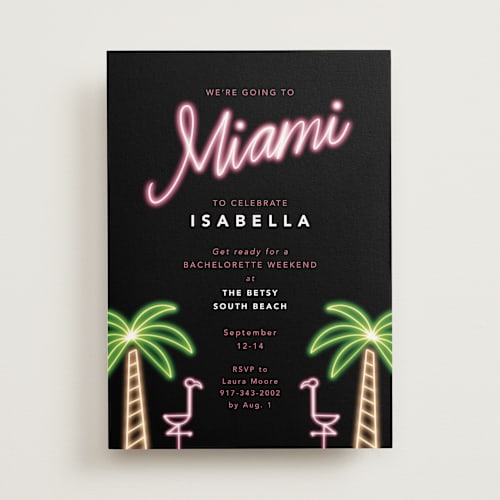 This is a midnight bachelorette party invitations with standard by Cindy Reynolds called miami neon printing on signature in standard