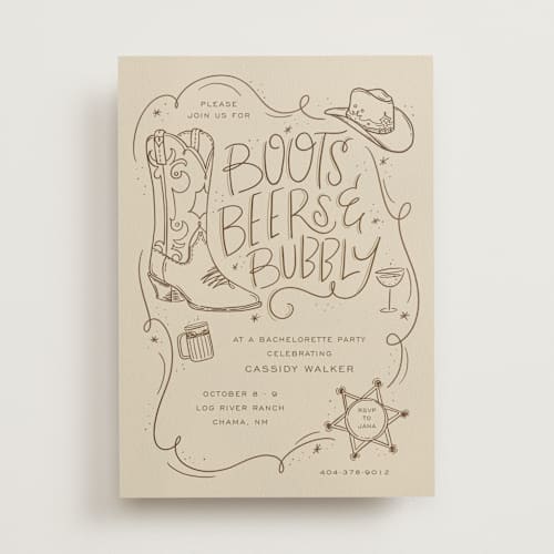 This is a sand bachelorette party invitations with standard by Cindy Reynolds called boots, beers, and bubbly printing on signature in standard