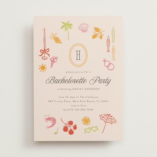 This is a almond bachelorette party invitations with standard by Melanie Kosuge called coast printing on signature in standard