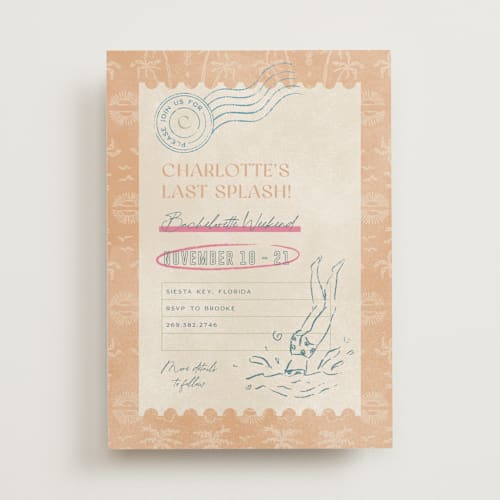 This is a guava bachelorette party invitations with standard by Pixel and Hank called coastal drift printing on signature in standard