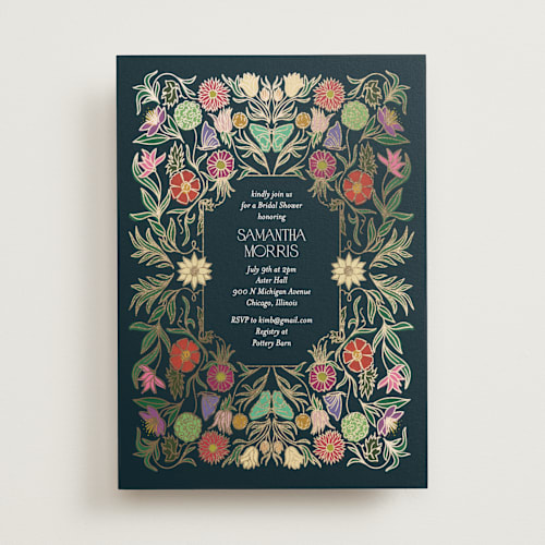 This is a midnight garden bridal shower invitations with foil pressed by Simona Camp called gilded tapestry printing on signature in standard