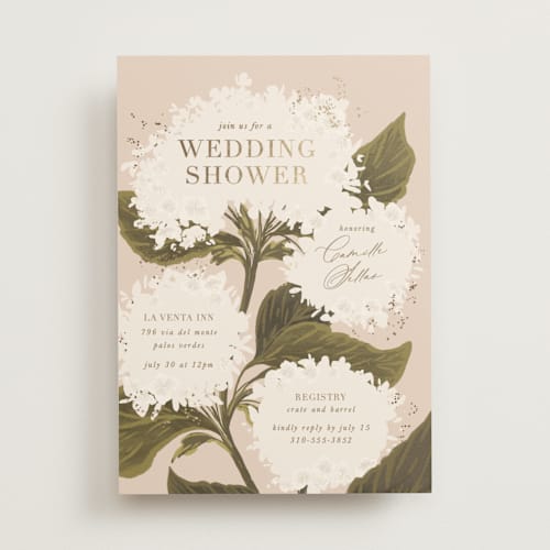 This is a blush bridal shower invitations with foil pressed by Leah Bisch called hydrangea printing on signature in standard