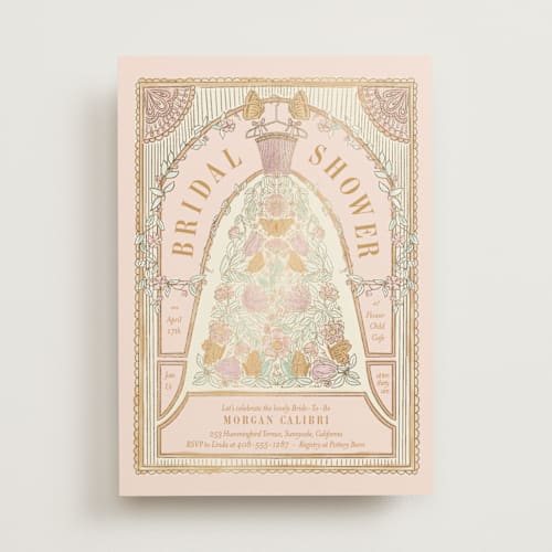 This is a romantic rose bridal shower invitations with foil pressed by Simona Camp called gilded bridal gown printing on signature in standard