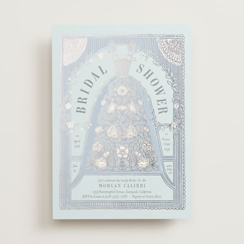 This is a delicate blue bridal shower invitations with foil pressed by Simona Camp called gilded bridal gown printing on signature in standard