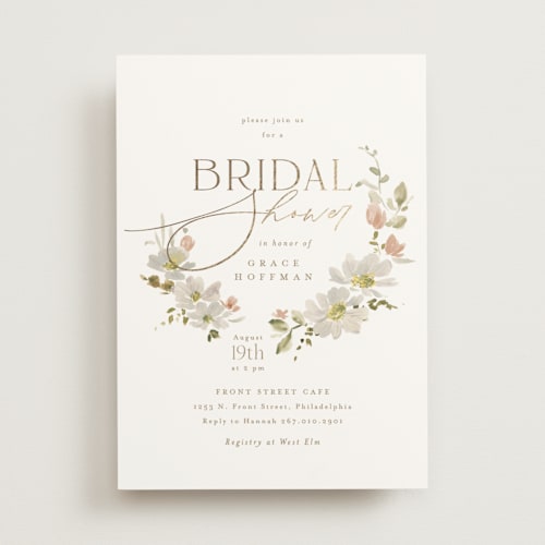This is a champagne bridal shower invitations with foil pressed by Everett Paper Goods called serene printing on signature in standard