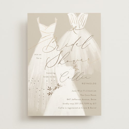 This is a champagne bridal shower invitations with foil pressed by Rebecca Durflinger called dressed up printing on signature in standard