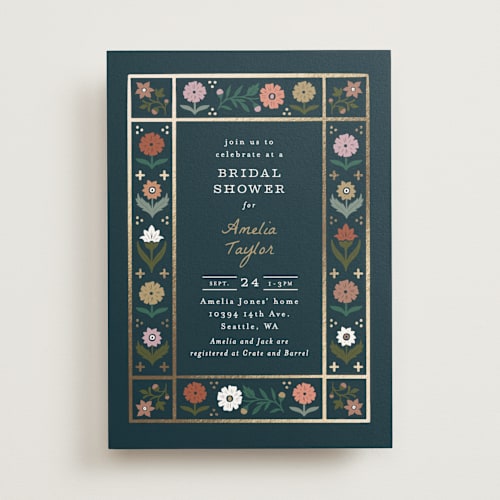 This is a cobalt bridal shower invitations with foil pressed by Alethea and Ruth called floral grid border printing on signature in standard