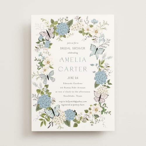 This is a periwinkle bridal shower invitations with foil pressed by Susan Moyal called garden love printing on signature in standard