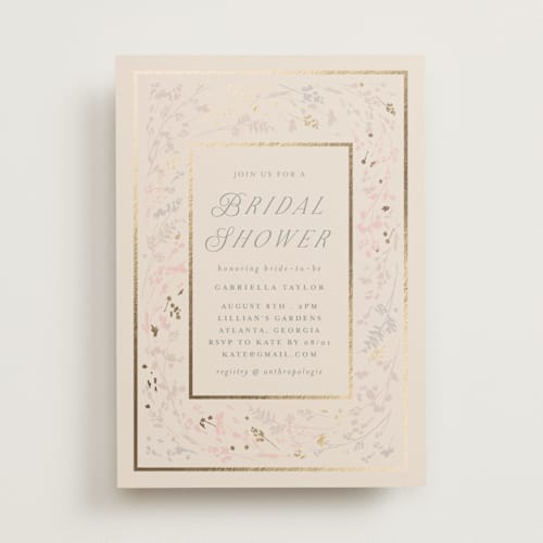 This is a ivory bridal shower invitations with foil pressed by Angela Thompson called floral wisp printing on signature in standard