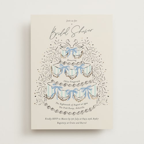 This is a powder blue bridal shower invitations with foil pressed by Jackie Crawford called sparkling wedding cake printing on signature in standard
