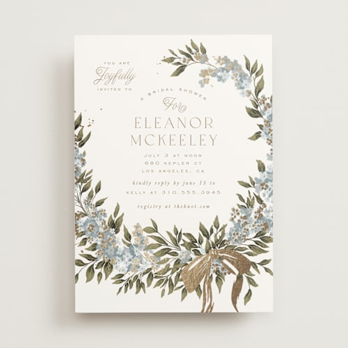 This is a bluebell bridal shower invitations with foil pressed by Leah Bisch called ribbon wreath printing on signature in standard