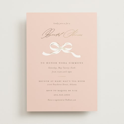 This is a blush bridal shower invitations with foil pressed by Paper Raven Co. called sweetheart printing on signature in standard