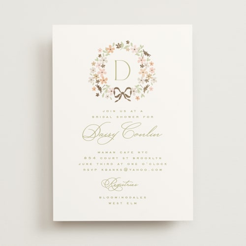 This is a leaf bridal shower invitations with foil pressed by Kristie Kern called garden monogram printing on signature in standard